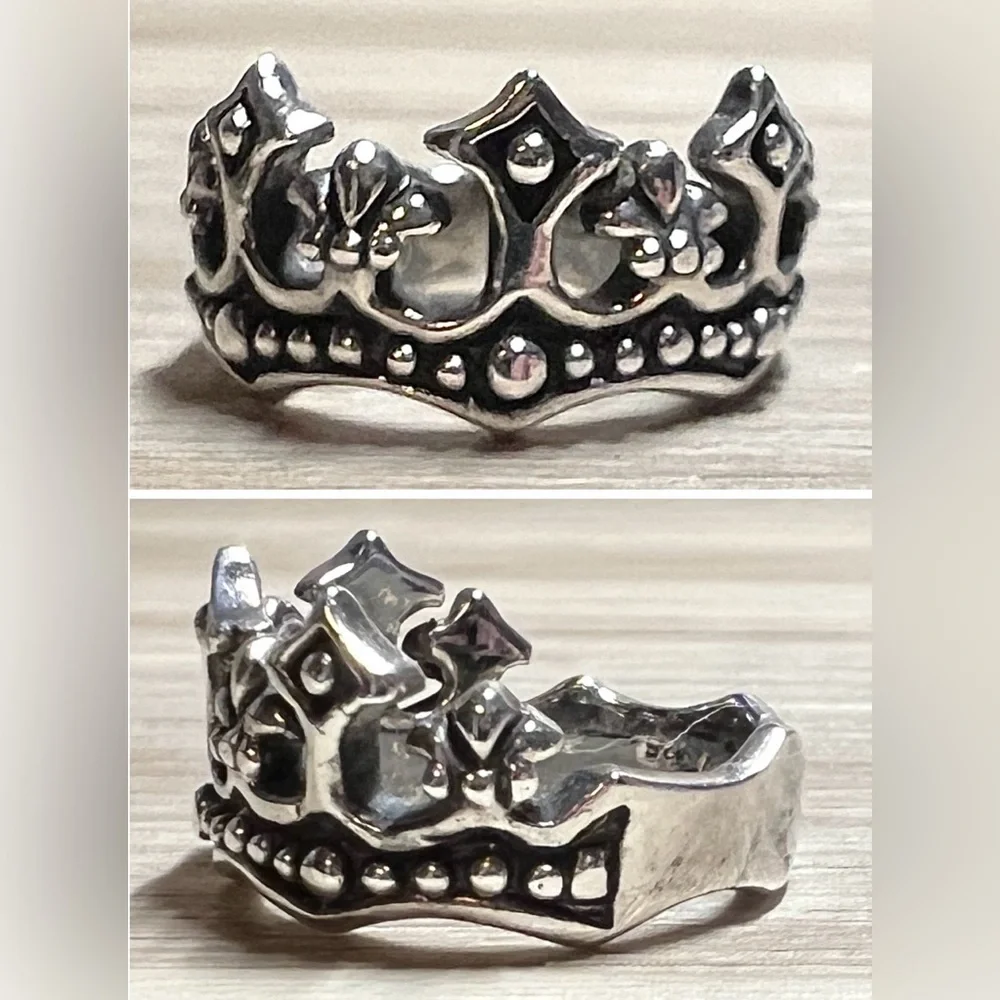 Vintage Designer Hallmarked ($) Sterling Silver Crown Band Ring, Size 5.5, 5g